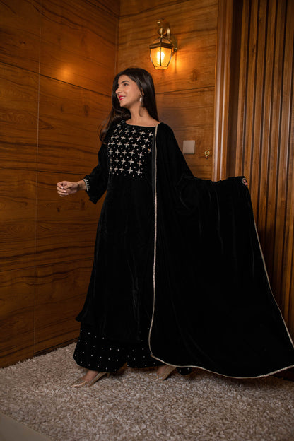 Black Silver Hand Work Velvet Kurta Palazzo Set