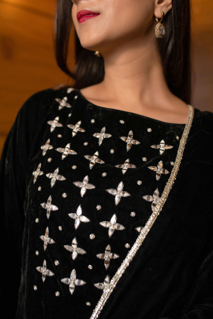 Black Silver Hand Work Velvet Kurta Palazzo Set