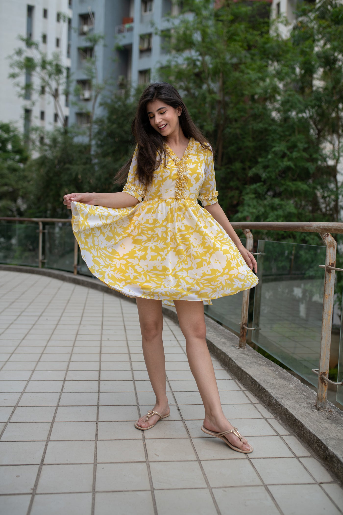 Yellow White Floral Short Dress