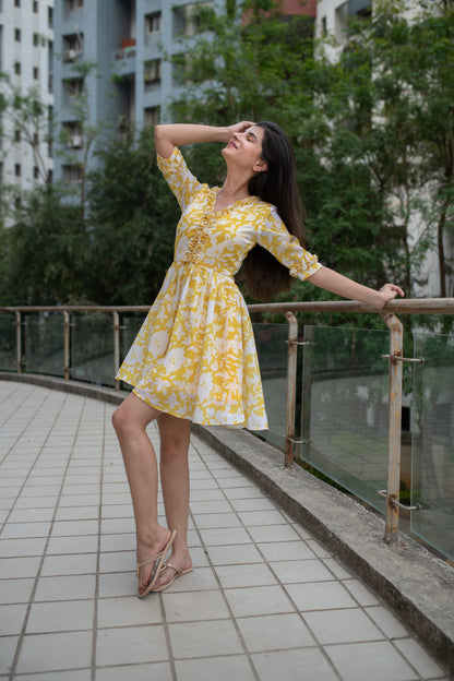 Yellow White Floral Short Dress