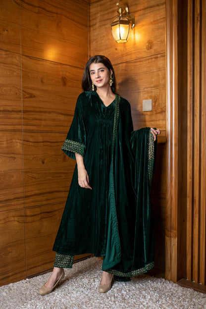 Bottle Green Velvet A Line Kurta Set