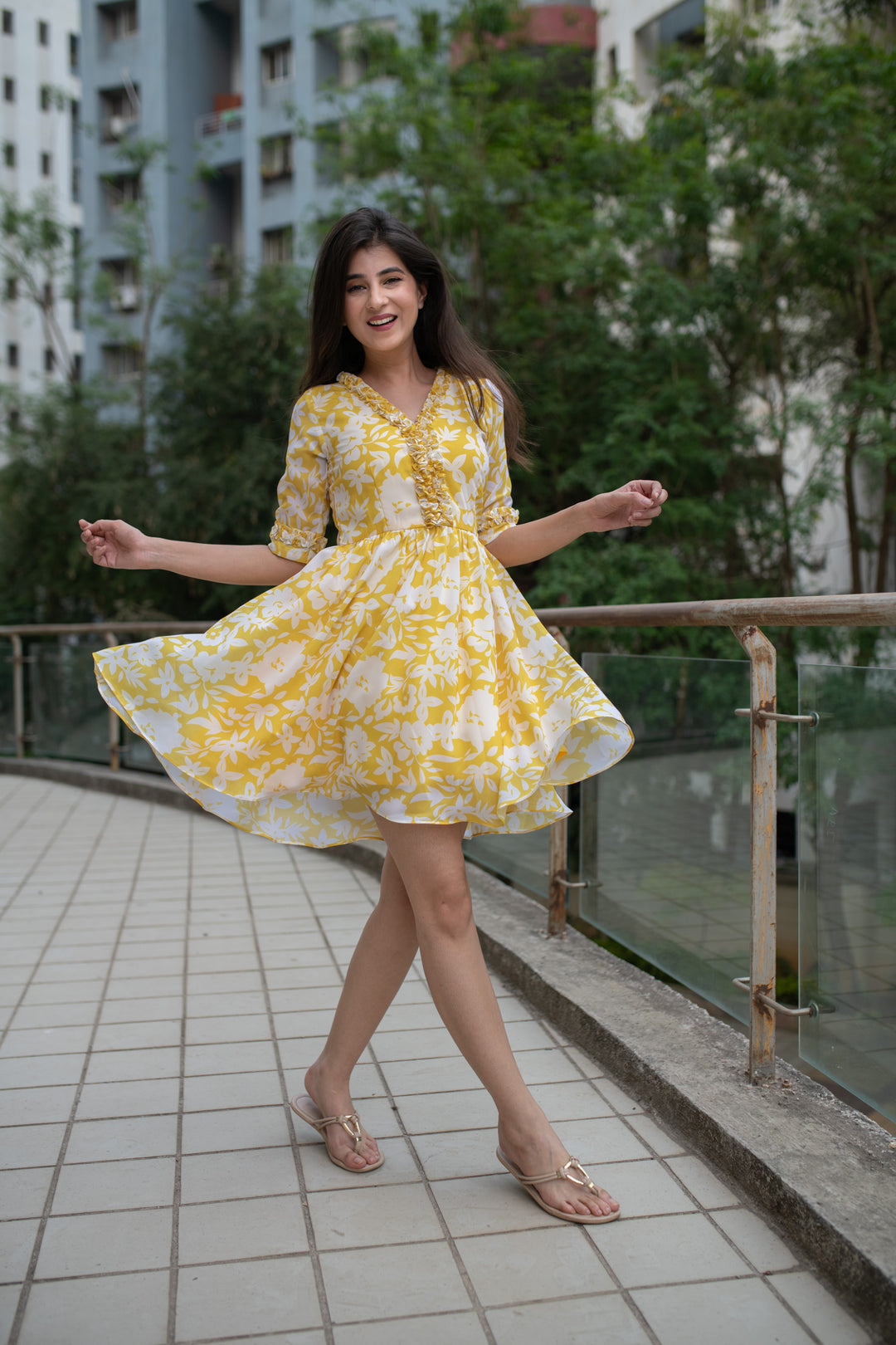 Buy Yellow White Floral Short Dress for Women
