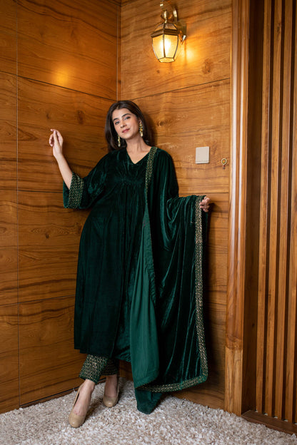 Bottle Green Velvet A Line Kurta Set
