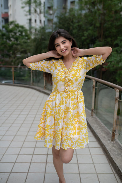 Yellow White Floral Short Dress