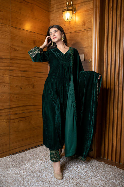 Bottle Green Velvet A Line Kurta Set