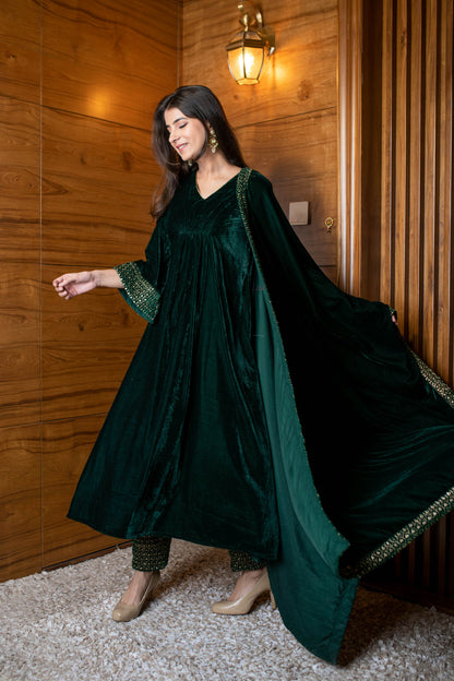 Bottle Green Velvet A Line Kurta Set
