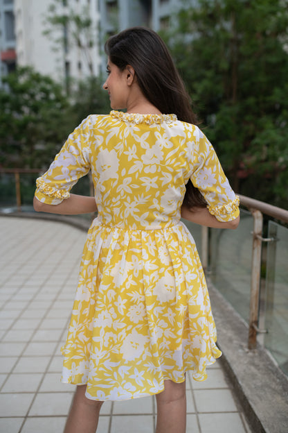 Yellow White Floral Short Dress