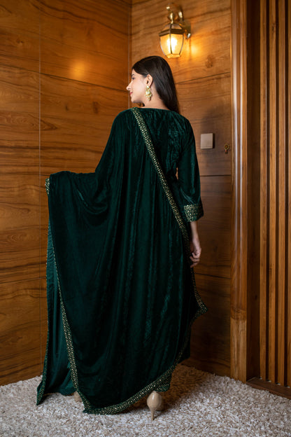 Bottle Green Velvet A Line Kurta Set