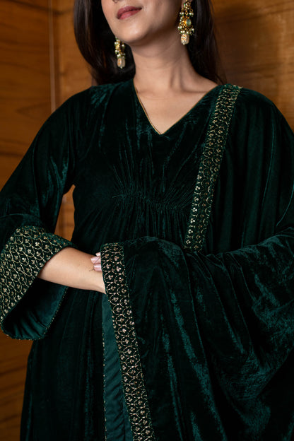 Bottle Green Velvet A Line Kurta Set