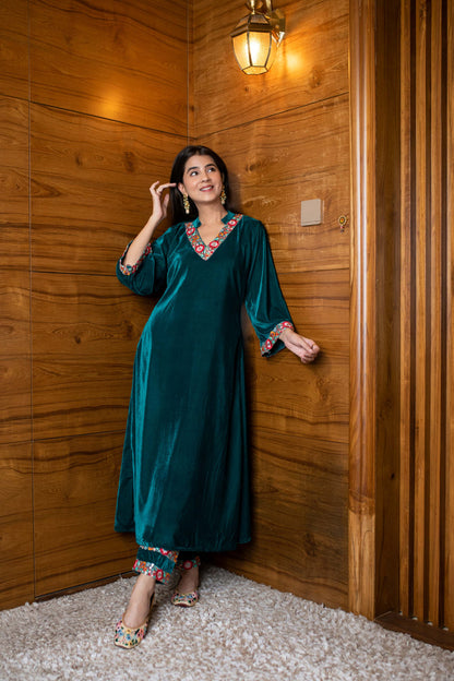 Turquoise Velvet Kurta Set