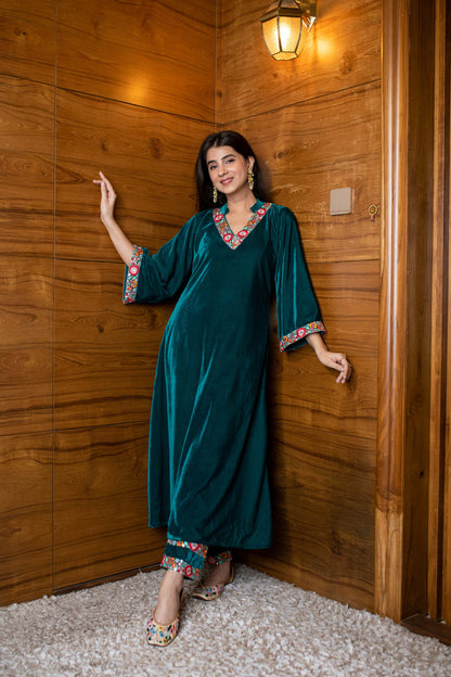 Turquoise Velvet Kurta Set