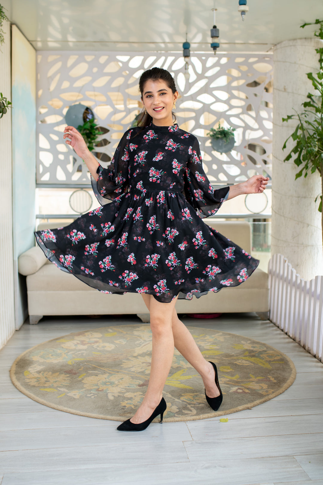 Black Floral Short Dress - Main Image