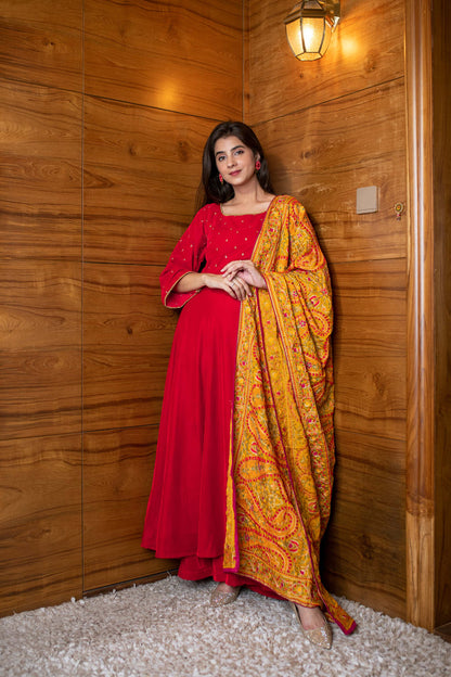 Red Velvet Anarkali Set