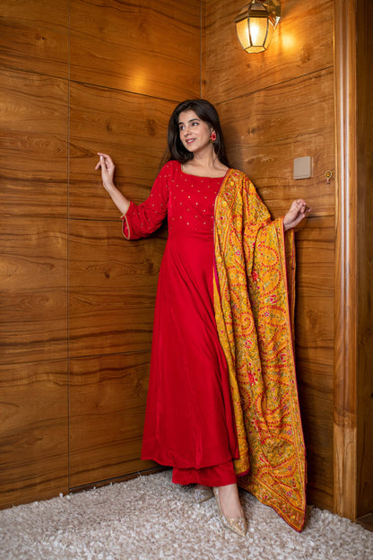 Red Velvet Anarkali Set