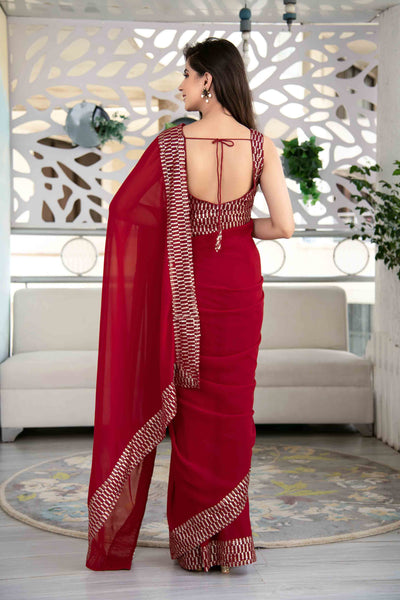 Red Georgette Embroidered Sequin Saree With Unstitched Blouse
