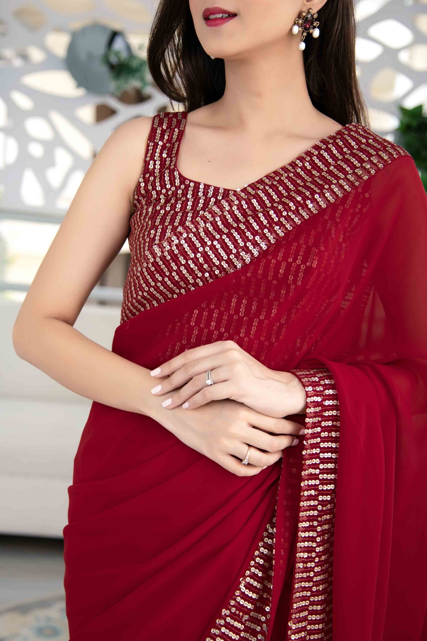 Red Georgette Embroidered Sequin Saree With Unstitched Blouse