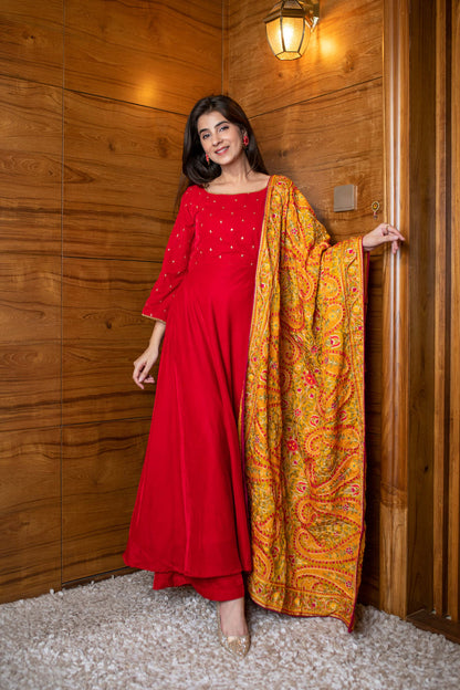 Red Velvet Anarkali Set
