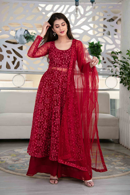 Red Anarkali Suit Set With Palazzo With Net Dupatta