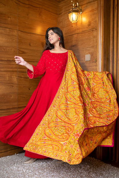 Red Velvet Anarkali Set