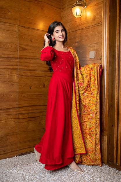Red Velvet Anarkali Set