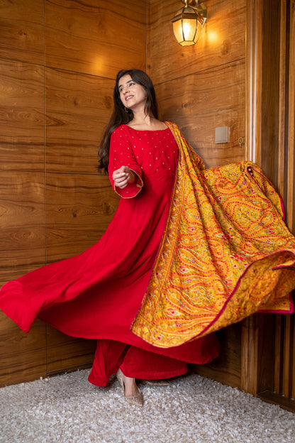 Red Velvet Anarkali Set