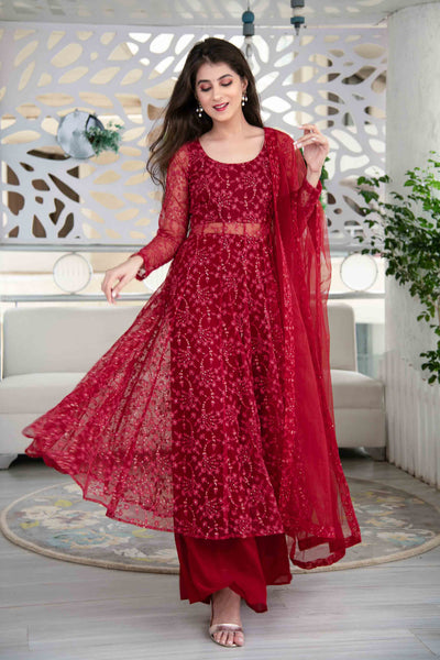 Red Anarkali Suit Set With Palazzo With Net Dupatta