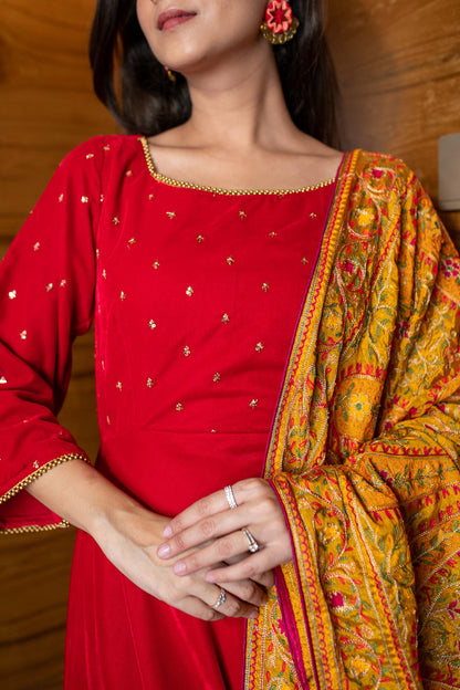 Red Velvet Anarkali Set
