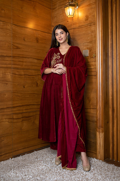 Maroon Velvet Hand Work Kurta Set