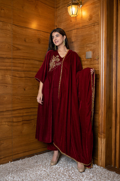 Maroon Velvet Hand Work Kurta Set