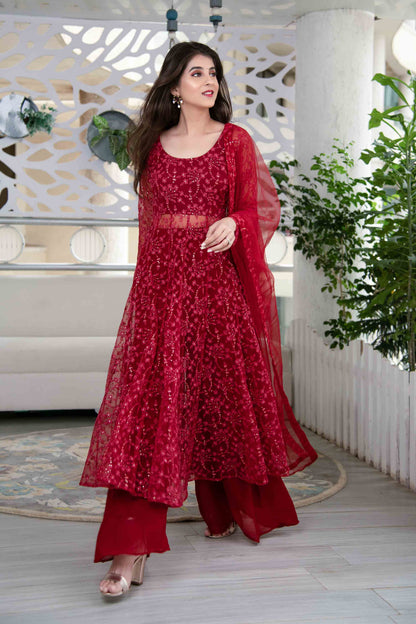 Red Anarkali Suit Set With Palazzo With Net Dupatta