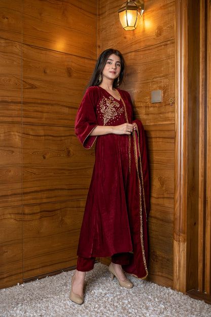 Maroon Velvet Hand Work Kurta Set