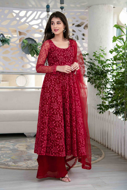 Red Anarkali Suit Set With Palazzo With Net Dupatta
