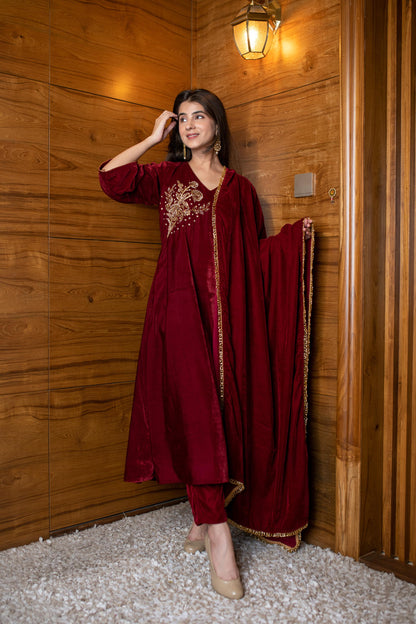 Maroon Velvet Hand Work Kurta Set