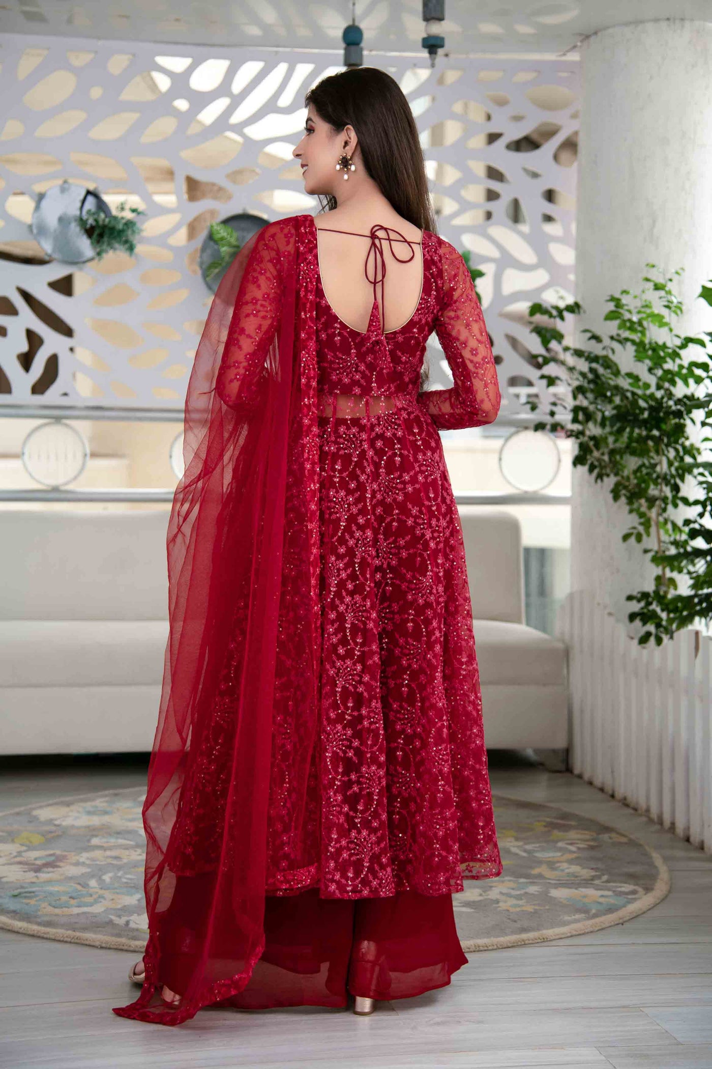 Red Anarkali Suit Set With Palazzo With Net Dupatta