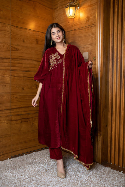 Maroon Velvet Hand Work Kurta Set