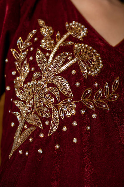 Maroon Velvet Hand Work Kurta Set