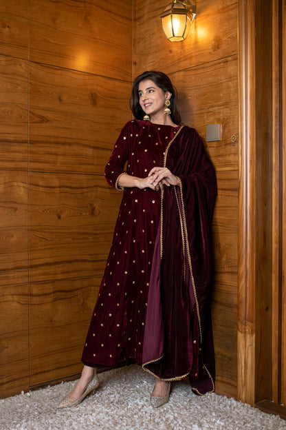 Maroon Velvet A Line Kurta Set