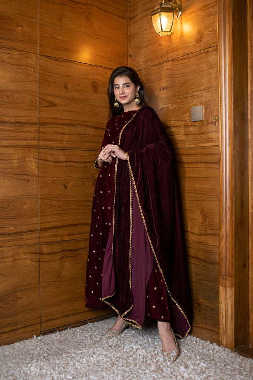 Maroon Velvet A Line Kurta Set