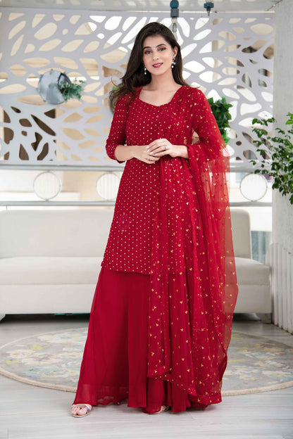 Red Georgette Palazzo Kurta Suit Set