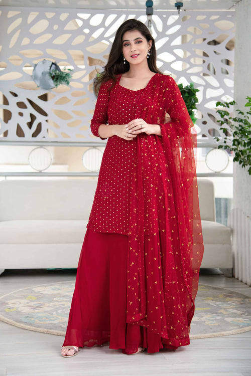 Red Georgette Palazzo Kurta Suit Set