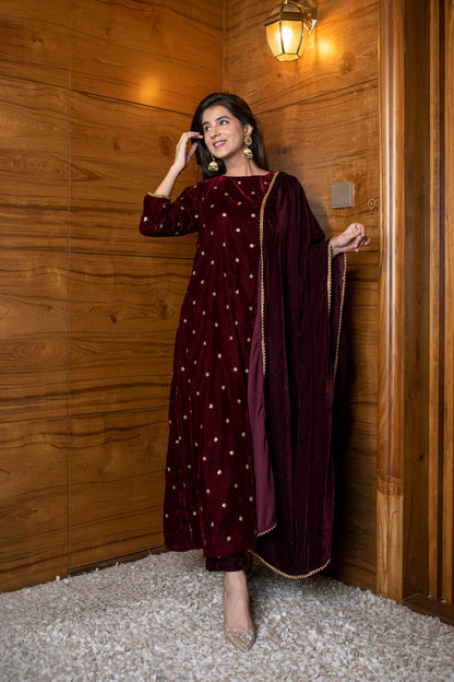 Maroon Velvet A Line Kurta Set