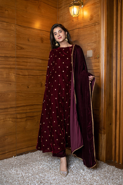 Maroon Velvet A Line Kurta Set