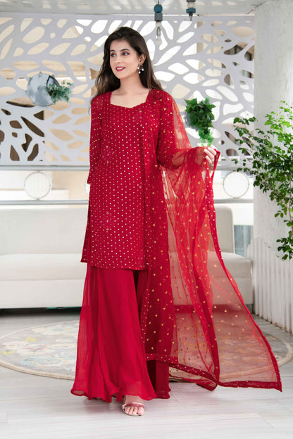 Red Georgette Palazzo Kurta Suit Set