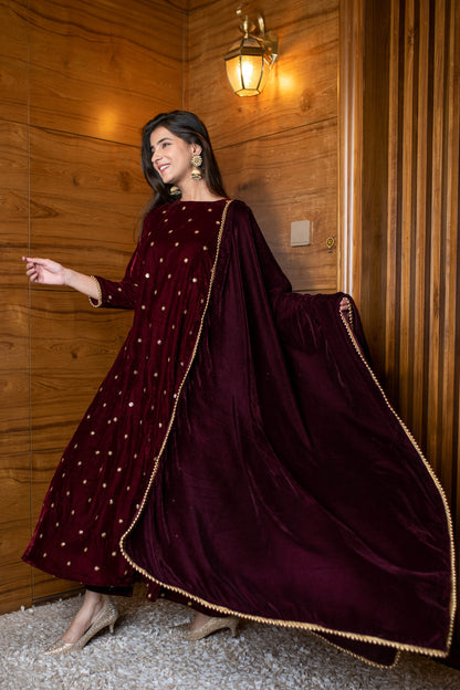 Maroon Velvet A Line Kurta Set