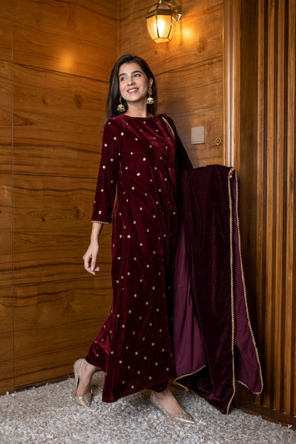 Maroon Velvet A Line Kurta Set