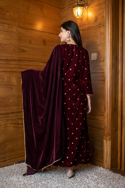 Maroon Velvet A Line Kurta Set