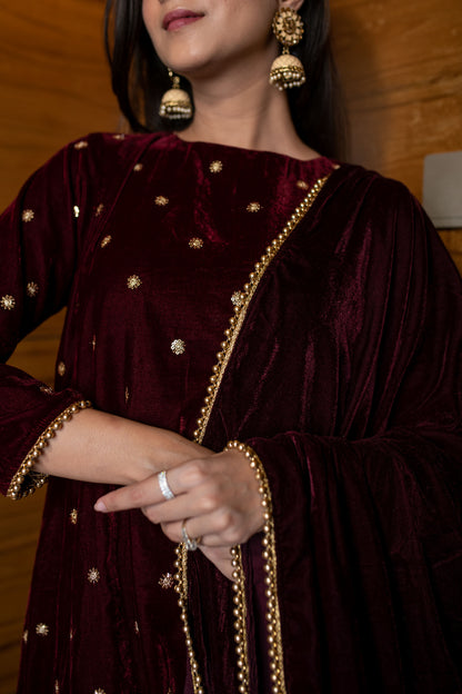 Maroon Velvet A Line Kurta Set