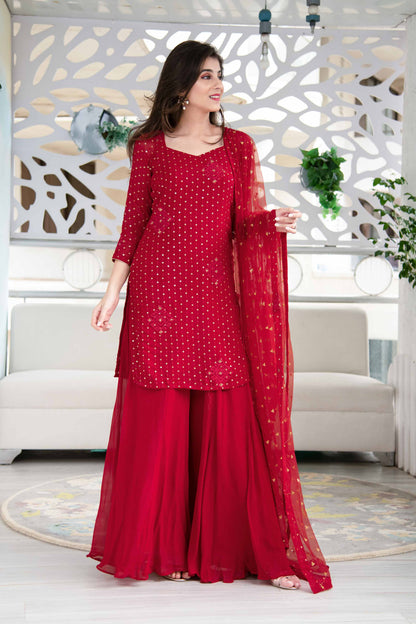 Red Georgette Palazzo Kurta Suit Set