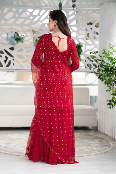 Red Georgette Palazzo Kurta Suit Set With Net Dupatta