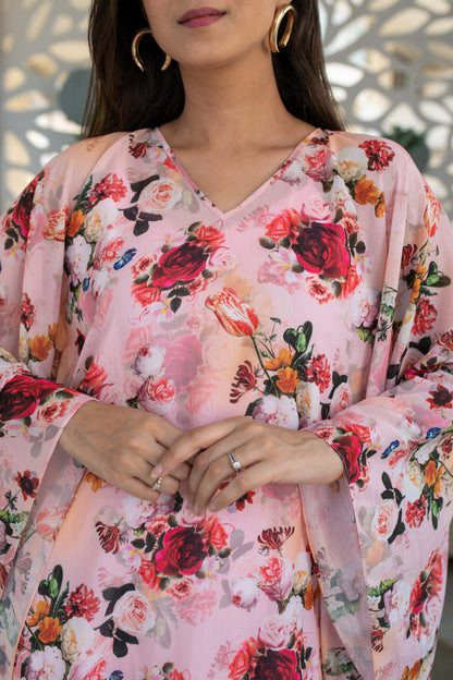 Peach Floral Kaftan With Slip